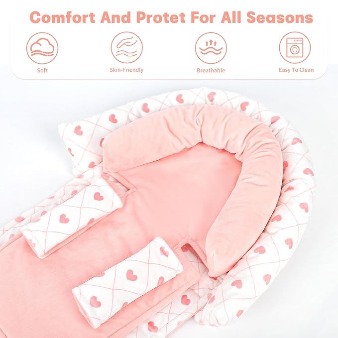 Infant Car Seat Insert, HNHUAMING Baby Car Seat Head & Body Support with 2 Strap Pads, Ultra Soft Newborn Preemie Carseat Insert Cushion for Girls Boys, Fits Car Seat, Stroller, Swing, Bouncer, Pink-CubbioJoy