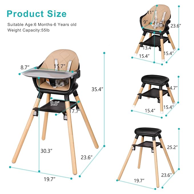 Baby High Chair, 6 in 1 Wooden Convertible High Chairs for Babies and Toddlers, Booster Seat with Double Tray & Reversible Footrest, 5-Point Harness Infants Feeding Seat, Black-CubbioJoy