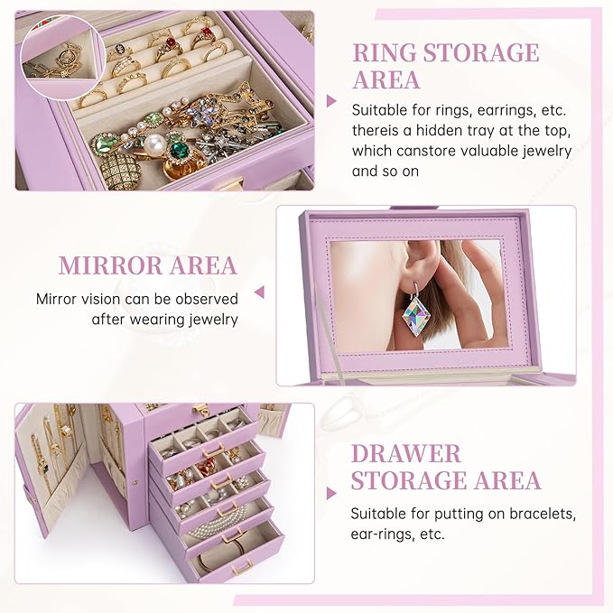 AKOZLIN Jewelry Box Organizer Functional Leather Jewelry Storage Case for Women Girls Ring Necklace Earring Bracelet Holder Organizer with Mirror-CubbioJoy