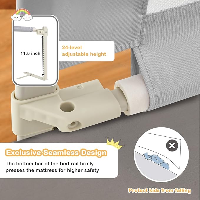 BABY JOY Bed Rail for Toddlers, 47''Long, Height Adjustable & Foldable Baby Bed Rail Guard w/Storage Pocket & Double Safety Child Lock for Kids Twin Double Full Size Queen King Mattress (Grey)-CubbioJoy