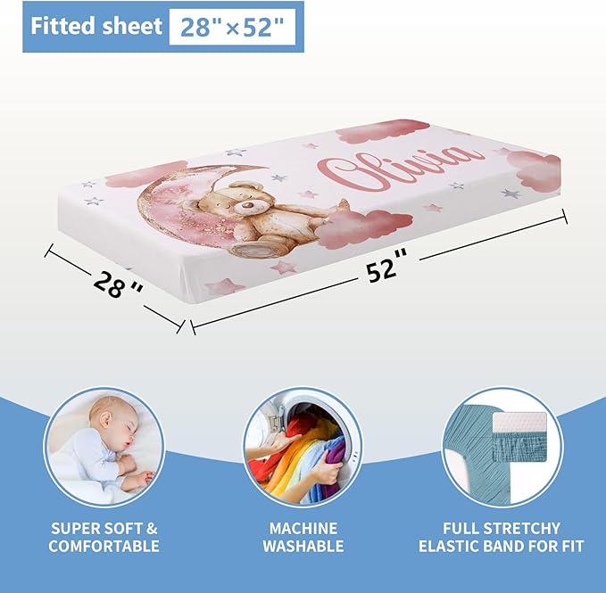 Custom Baby Crib Set, 5 Pcs Personalized Name Pink Bear Theme for Infants Toddlers, Nursery Bedding for Girls, Double Layer Customized Gifts-CubbioJoy