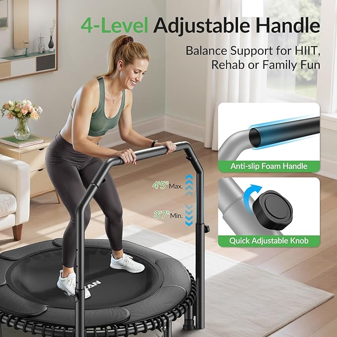 BCAN 40"/48" Mini Rebounder Trampoline for Adults with Bar, 450/550LBS Fitness Trampoline with Bungees, Adjustable Handle, Stable & Quiet, Indoor Outdoor, Whole-Body Workout & Relaxation at Home-CubbioJoy