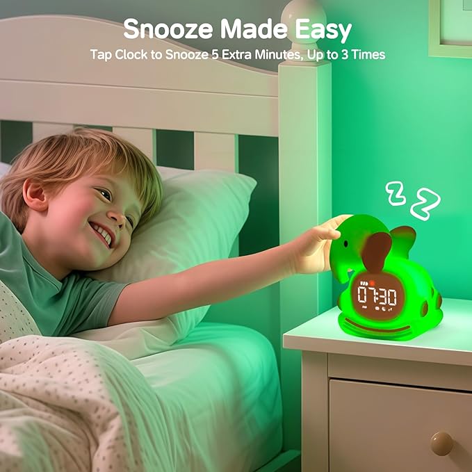 Alarm Clock for Kids with Night Light, Sleep Training Clock Time to Wake Clock, Rechargeable Silicone Light for Bedroom, Perfect Sleep Companion for Boys Girls, Pink Elephant-CubbioJoy