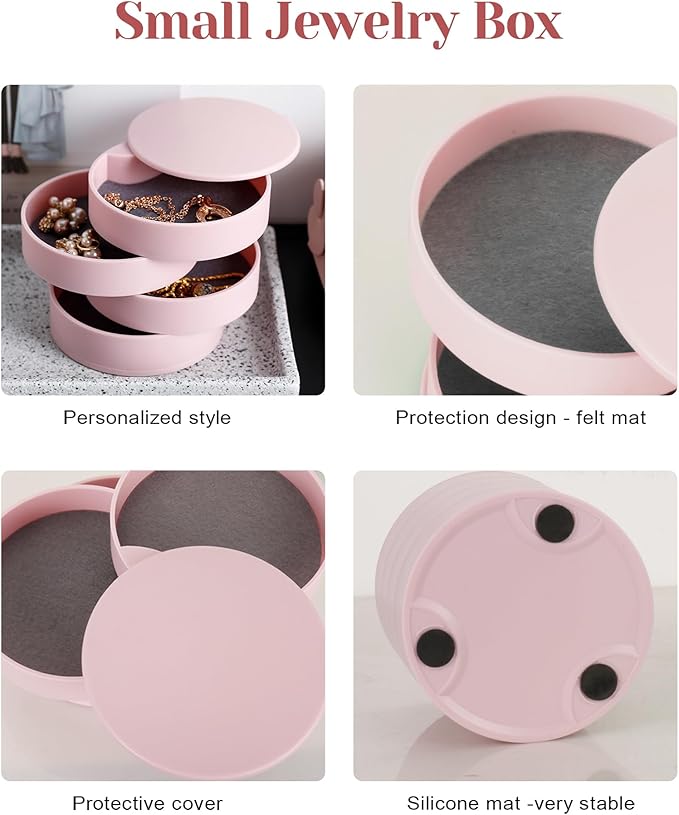 CONBOLA Jewelry Organizer, Small Jewelry Storage Box Earring Holder for Women, 4-Layer Rotating Travel Jewelry Tray Case with Lid for Bracelets Rings Bracelets, Gift for Women Teen Girls-CubbioJoy