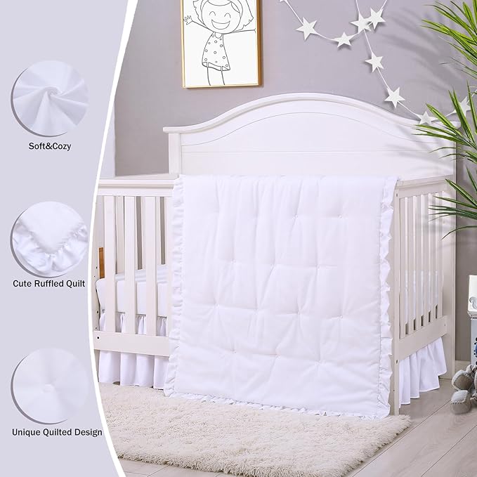 Cloele 3 Pieces Baby Crib Bedding Set- Solid Ruffle Quilted Set Includes Comforter Fitted Sheet Crib Skirt for Boys and Girls - Cute Ruffled Nursery Crib Standard Size Baby Bedding Set White-CubbioJoy