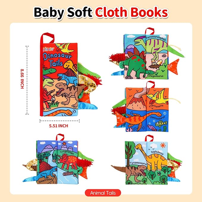 Jollybaby Baby Books 0-6 Months, Touch and Feel Crinkle Soft Cloth Books for Infants Babies, Toddler Early Educational Interactive Stroller Sensory Toys, Baby Girl & Boy Gift(Dinosaur Tails)-CubbioJoy