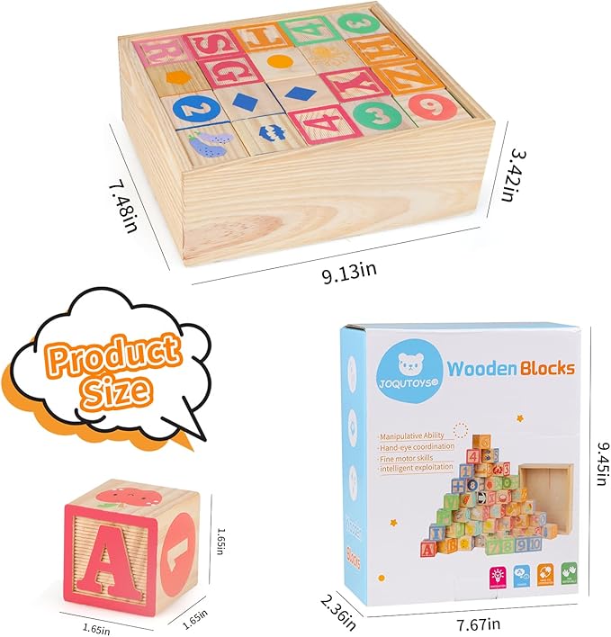 Joqutoys ABC Wooden Building Blocks for Toddlers 3 Large, 40 PCS Alphabet & Number Stacking Blocks with Storage Tray, Montessori Educational Learning Toys for Boys Girls Kids Gifts 1.65"-CubbioJoy