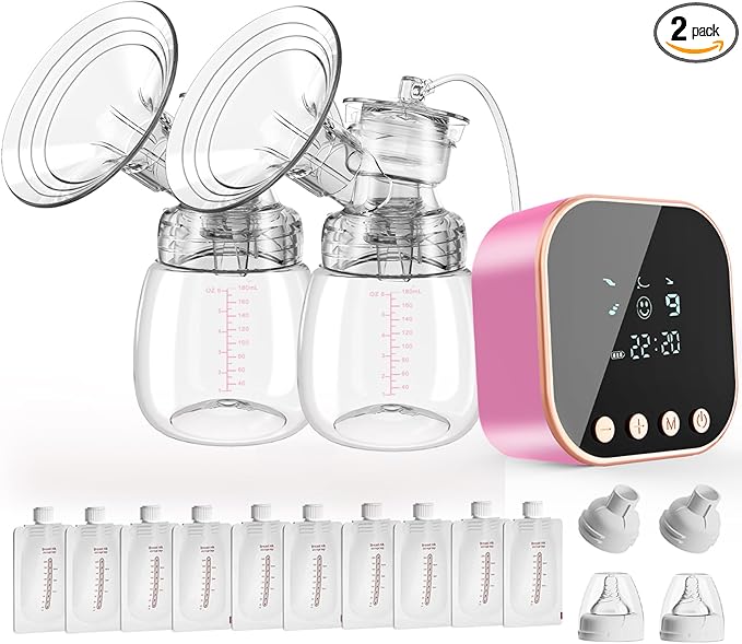 Double Electric Breast Pump Strong Suction, Portable Breast Pump Electric Breastfeeding Pump, Rechargeable Milk Pump with 4 Modes & 9 Levels, Low Noise, Anti-Backflow & LED Display, 24mm Flange, Pink-CubbioJoy