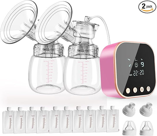 Double Electric Breast Pump Strong Suction, Portable Breast Pump Electric Breastfeeding Pump, Rechargeable Milk Pump with 4 Modes & 9 Levels, Low Noise, Anti-Backflow & LED Display, 24mm Flange, Pink-CubbioJoy