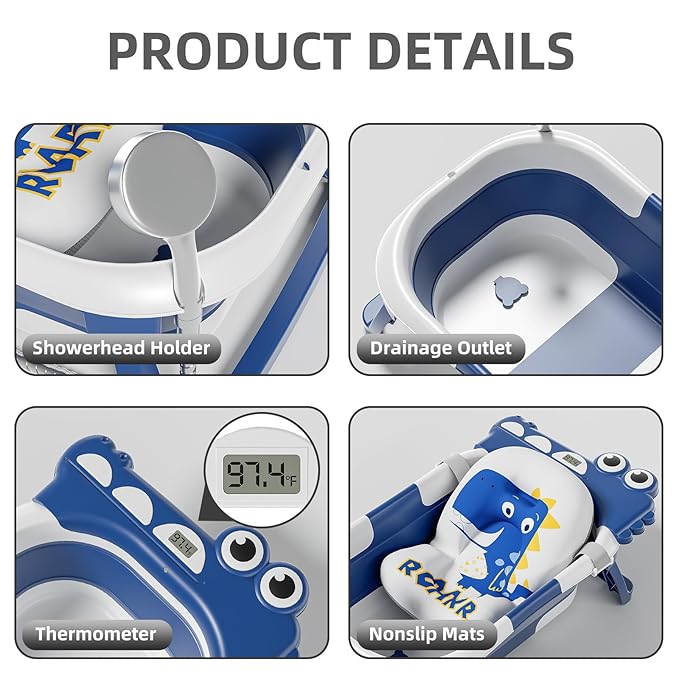 Collapsible Baby Bathtub for Newborn, Foldable Baby Bath Tub with Thermometer & Soft Floating Cushion & Drain Hole, Portable Travel Infant Bath Tubs for Newborns to Toddlers 0-36 Months Boy,NavyBlue-CubbioJoy