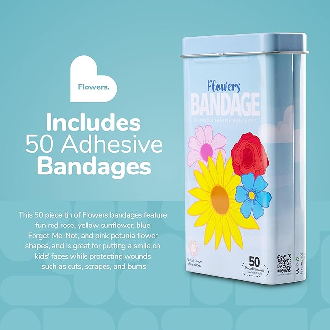 BioSwiss Bandages, Flowers Shaped Self Adhesive Bandage, Latex Free Sterile Wound Care, Fun First Aid Kit Supplies for Kids and Adults, 50 Count-CubbioJoy