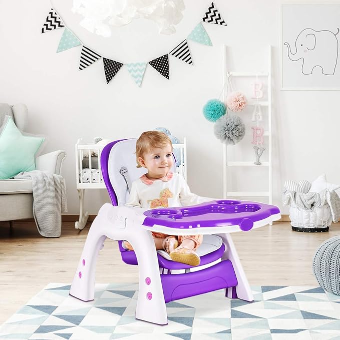 Costzon Baby High Chair, 3 in 1 Infant Table and Chair Set, Convertible Booster Seat with 3-Position Adjustable Feeding Tray, Adjustable Seat Back, 5-Point Harness (Purple)-CubbioJoy