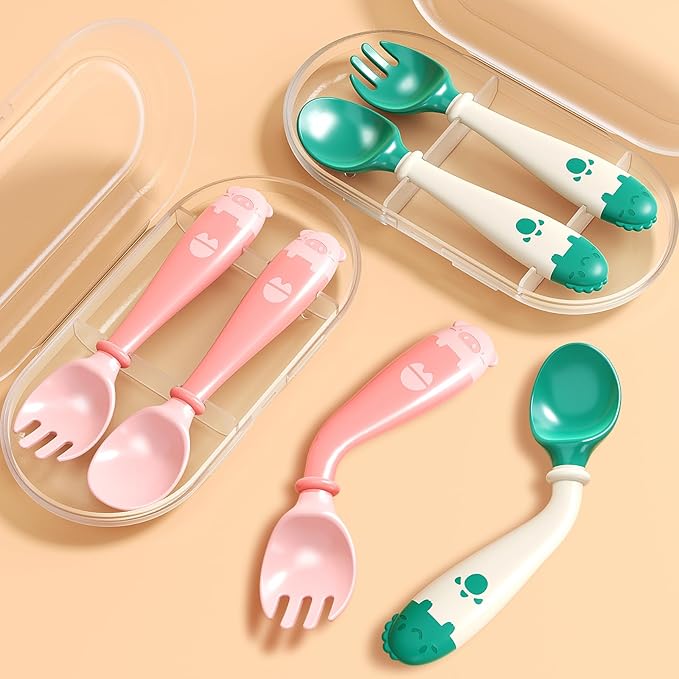 Deejoy Toddler Utensils with Travel Safe Case, Silicone Baby Spoons and Fork Set for Self Feeding, Toddlers Feeding Training Spoon, Easy Grip Heat-Resistant, Bendable Function (2 Sets, Green&Pink)-CubbioJoy