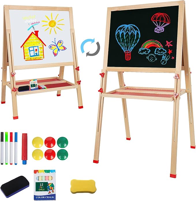 Adjustable Wooden Easel for Kids, Foldable Standing Art Easel for 3, 4, 5, 6, 7, 8 Years Old with Accessories, Drawing Painting Gifts for Boys & Girls Toddlers, Great Presents for Birthday-CubbioJoy