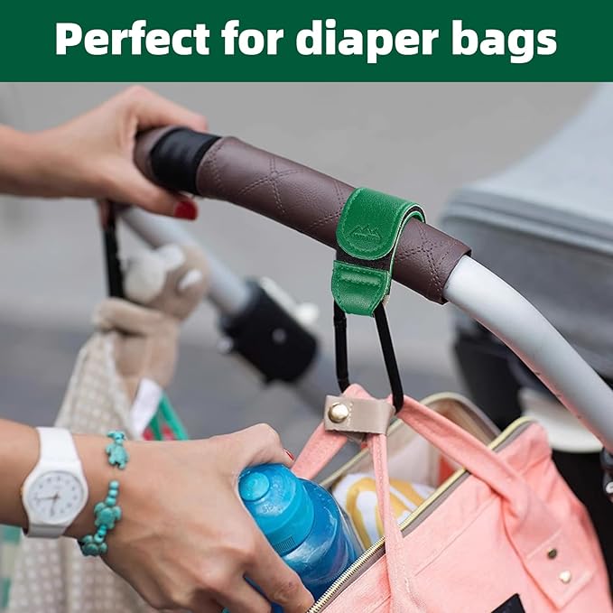 Baby Stroller Hooks Bag Hooks for Hanging Diaper Bags Multipurpose Hooks for Grocery Shopping Bags Premium Vegan Leather Pram Straps 2 Pcs (Green)-CubbioJoy