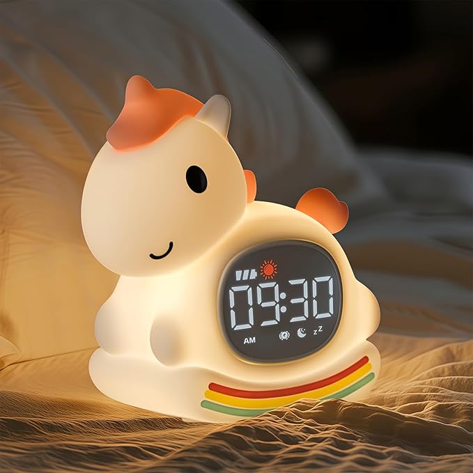 Cute Alarm Clock for Kids with Night Light, Sleep Training Clock Time to Wake Clock, Rechargeable Silicone Light for Bedroom, Perfect Sleep Companion for Boys Girls, Pink Pony-CubbioJoy