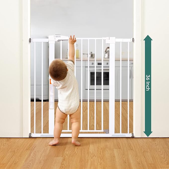 BABELIO 36" Extra Tall Dog Gate, 26-40" Wide Auto Close Baby Gate, Pressure Mounted Metal Pet, Easy Install No Drilling, No Tools Required, With Wall Protectors and Extension Kits, White-CubbioJoy