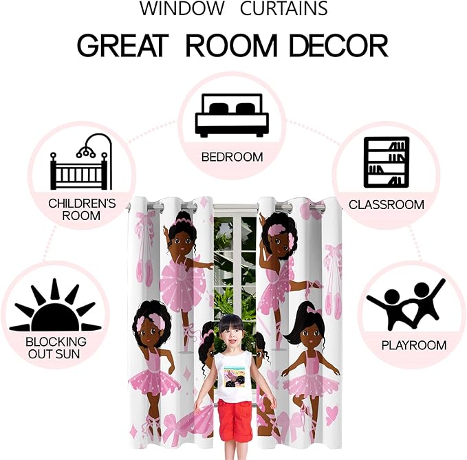 Black Girl Blackout Curtains 2 Panels 63" Inch Drapes for Kids Nursery Bedroom Kids Blackout Curtains Cute Girls Themed Grommet Top Thermal Insulated Curtains for Nursery, 82" x 63"-CubbioJoy