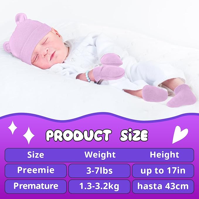 Cuffbow 4 Pcs Preemie Hats Mittens and Socks Set Preemie Mittens Warm Terry Socks for Baby-CubbioJoy