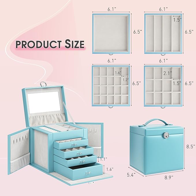5-Layer Jewelry Box with 4 Drawers, Huge Portable Jewelry Organizer with Lock and Mirror for Women, for Necklace Ring Earring Bracelet Storage, Lockable Jewelry Case, Blue-CubbioJoy