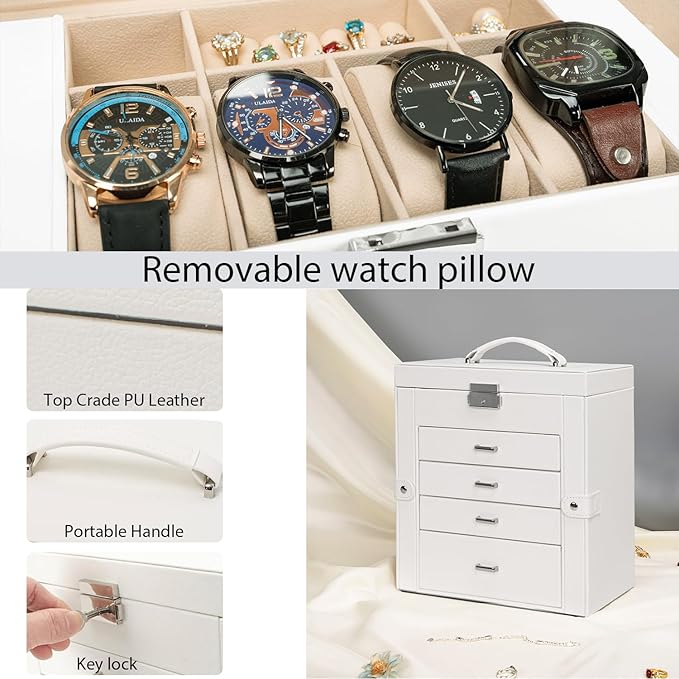 AKOZLIN 5-Tier Jewelry Box Lockable Leather Jewelry Storage Case with 4 Drawers for Women Girls Ring Necklace Earring Bracelet Watches Holder Organizer with Mirror-CubbioJoy