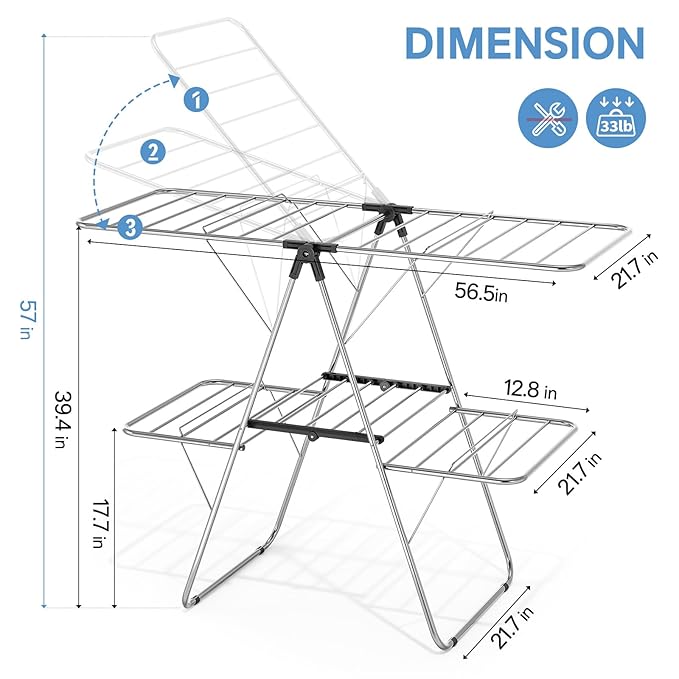 APEXCHASER Clothes Drying Rack with 4 Wings, Stainless Steel Drying Rack Clothing with Height-Adjustable, Foldable Gullwings Laundry Drying Rack, Indoor Outdoor Use, No Assembly, Black-CubbioJoy