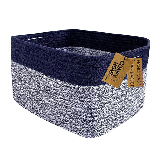COMFY-HOMI Rectangular Cotton Rope Basket With Handles for Shelves|Dog Toy|Baby Gift - Dark Blue (13.5" x 11" x 9.5")-CubbioJoy