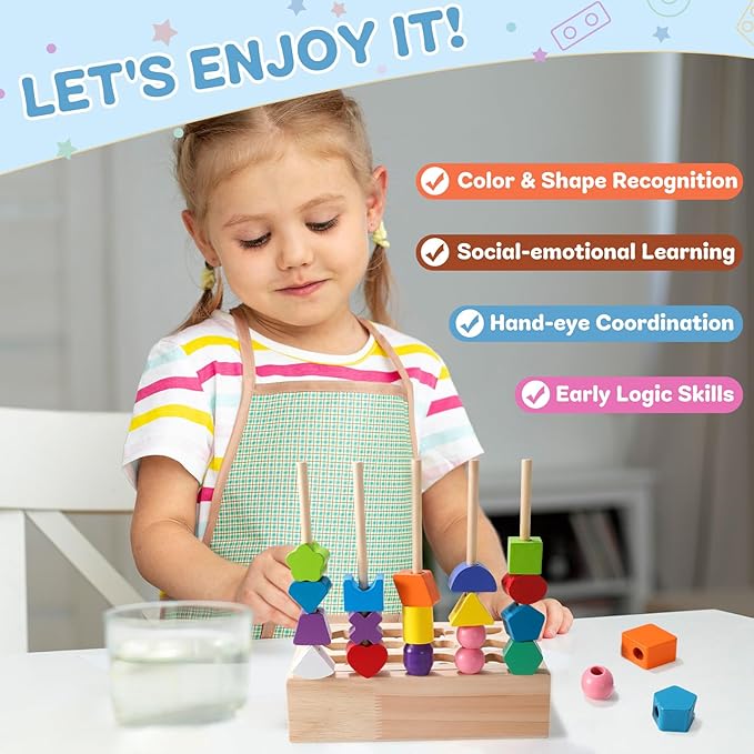 3 in 1 Montessori Wooden Beads Sequencing Toy Set - Color Sorting Stacking Geometric Shape Matching Game Beads Sequencing Toy Lacing Beads Stem Fine Motor Skills for Toddlers-CubbioJoy