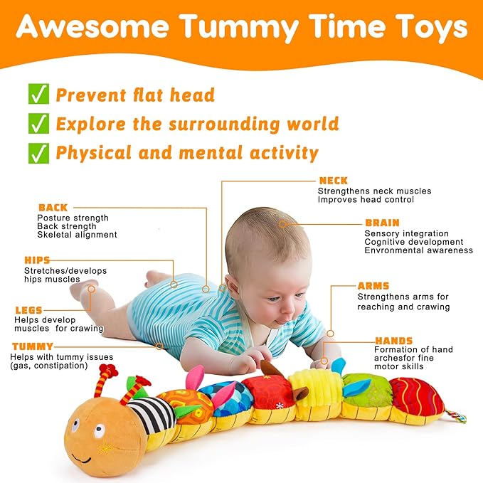 Baby Sensory Caterpillar Toys 0-3 Month Music Animal Stuffed Plush Toy for Infant 0-3-6-12 Month Tummy Time with Crinkle Rattle for Newborn 9-12 Month Texture Toy for Boy Girl Birthday Shower 1-CubbioJoy