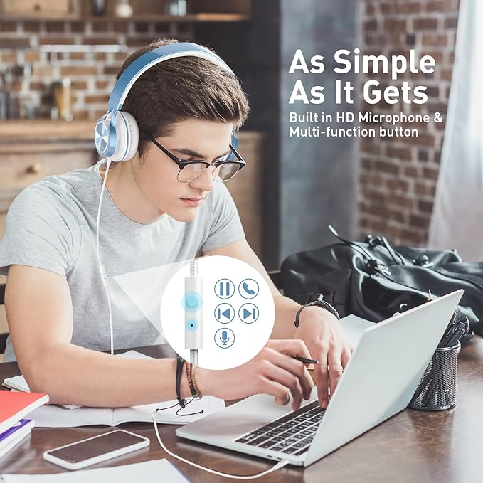 AILIHEN Kids Headphones for School Boys, Headphones with Microphone for Chromebook Laptop Computer Smartphone, 3.5mm Foldable Lightweight Headset for Teen Teenager (Blue)-CubbioJoy