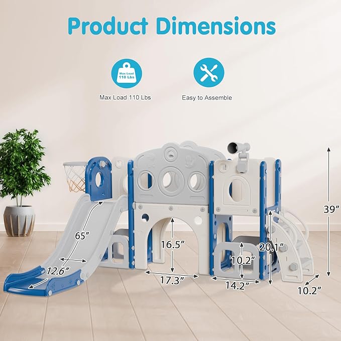 Babytronic Toddler Slide Set, 8 in 1 Kids Slide, Indoor Outdoor Slide for Toddlers Age 1-3, Toddler Playset with Basketball Hoop and Tunnel, Toddler Indoor Outdoor Playground, Blue&Grey-CubbioJoy