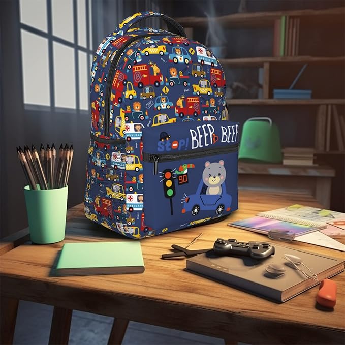 Cartoon Car Animal Backpack For Kids School Boys Girls, Bear & Traffic Light Design, Lightweight Waterproof Ergonomic Backpack For Age 3-5 5-7 7-9 9-12 School Book Bag Daypack Outdoor Play-CubbioJoy