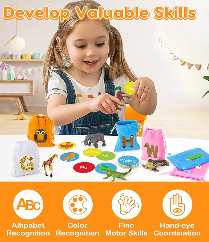 Alphabet Learning Toys for Toddlers, Word Work Small Group Set with 104 Phonics Flash Cards and 26 Animal Figurines, Fun Education Classroom Supplies Alphabet Sounds Teaching Games for Kids-CubbioJoy