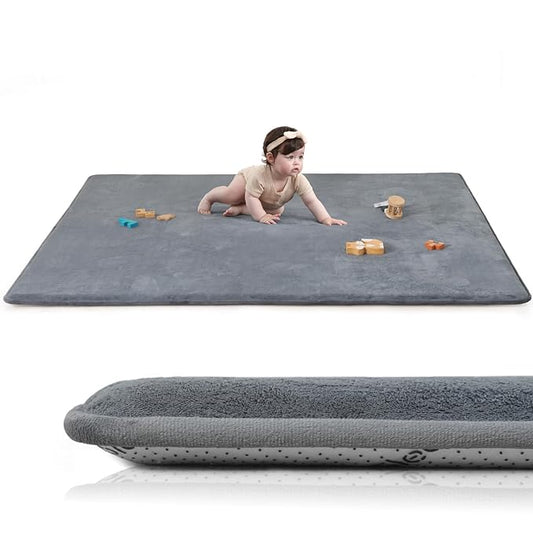 Baby Play Mat for Floor,1.3" Thick Elasti-Foam 50"×74" Playpen Mat for Tummy Time,Water Repellent Soft Coral Velvet for Toddler,Infant,Kids,Non-Slip Backing Safe for Crawling(Dark Grey)-CubbioJoy