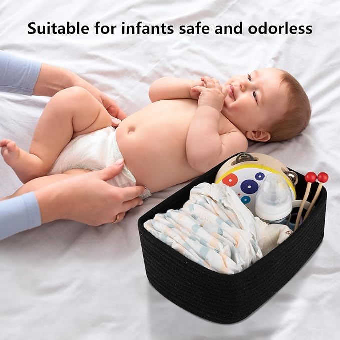 4 Pack Small Storage Shelf Baskets for Organizing, Mini Woven Rope Storage Bins for Towels, Cute Decorative Closet Organizer，Baby Nursery, Gift Empty Baskets -13''Lx8.66''Wx5.11''H-Black-CubbioJoy