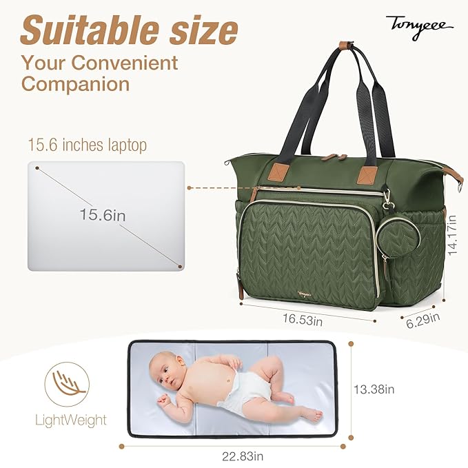 Diaper Bag Tote, Large Baby Diaper Bags Waterproof, Hospital Bag for Labor Delivery with Pacifier Case, Changing Pad, Shoulder Strap, Dark Green-CubbioJoy