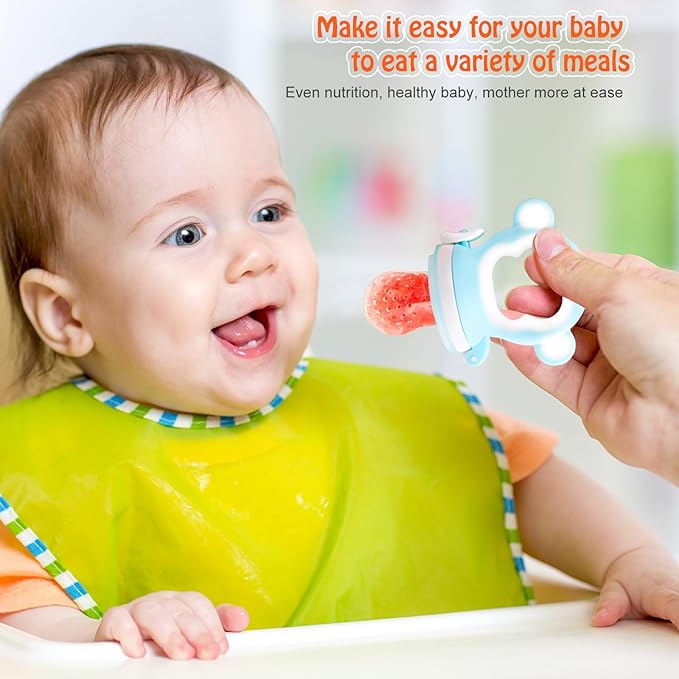 Baby Fruit Food Feeder - Silicone Nibble Tray Combo - Breastmilk Popsicle Mold for Cooling Relief, BPA Free Mesh Feeder for Infant Self Feeding (Monkey Blue + Pineapple)-CubbioJoy