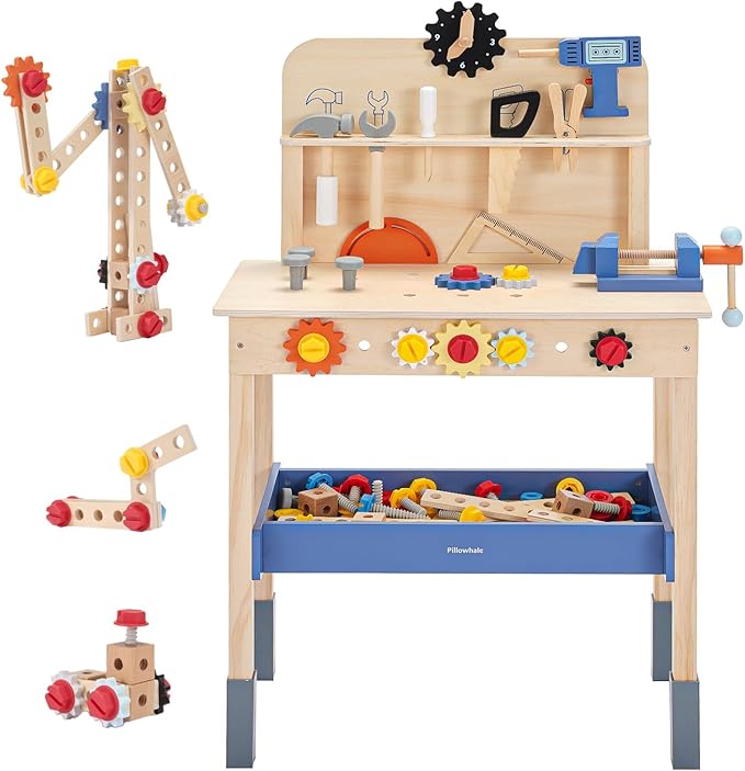 69‑Piece Wooden Kids Tool Bench – Montessori Toddler Workbench with Pretend Power Drill, Clock & Storage Shelf – STEM Construction Play Set for Boys & Girls Ages 3‑5-CubbioJoy