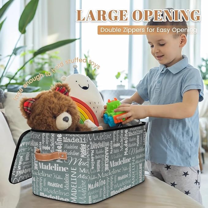 Custom Storage Basket with Name, Personalized Storage Bins with Zipper Lid, Foldable Fabric Storage Box Large capacity with Handle Gradient Grey Green-CubbioJoy
