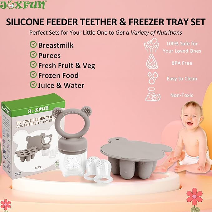 JEXFUN Silicone Baby Fruit Food Feeder Pacifier & Breastmilk Popsicle Freezer Molds, Double as Baby Teething Toys, Freezable Feeding Set for Breast Milk Ice Cubes, Food, Vegetable Purees - (Sand)-CubbioJoy