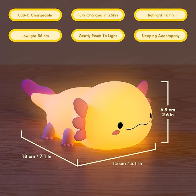 UNEEDE Axolotl Night Light for Kids,Animal Silicone Nursery Night Lamp, Rechargeable Table Lamp Bedside Lamp,Cute Room Decor Night Light for Bedroom,Living Room,Dining,Desk Decorations,Gift-CubbioJoy