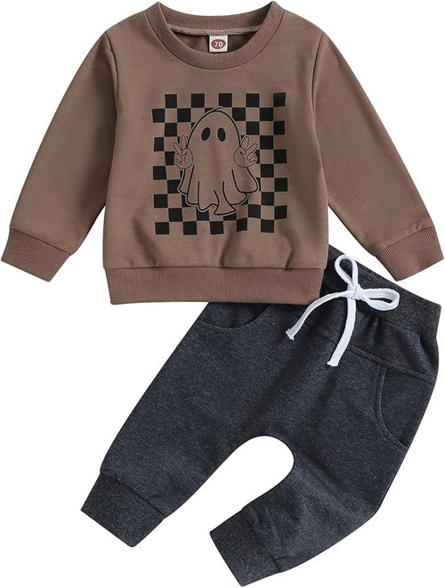 0-4T Toddler Boy Girl Halloween Outfit Fall Clothes Ghost Long Sleeve Sweatshirt Top Pants Baby Halloween Clothes-CubbioJoy