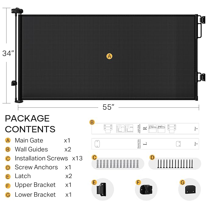 Cumbor Retractable Baby Gates for Stairs, Mom Choice Award Winner-55 Wide Mesh Dog Gate for Doorways, 34" Tall Easy to Use Pet Fence for The House, Toddler Safety Essentials Indoor&Outdoor, Black-CubbioJoy