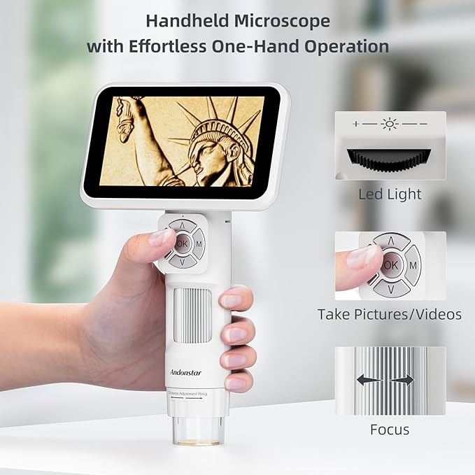 Andonstar Digital Microscope, 5" 1080P Coin Microscope Camera for Error Coin with 7.3" Metal Stand for Adults Kids, Handheld USB Coin Magnifier with 8 Adjustable LED Lights, Windows Mac PC View, AD115-CubbioJoy