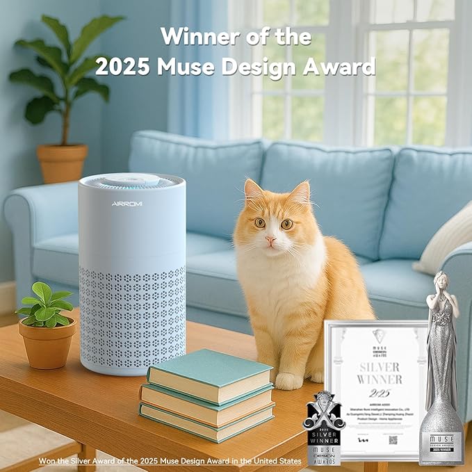 AIRROMI Air Purifier for Bedroom with HEPA 3-in-1 Filter, Pet Air Purifier for Home Cat Pee Smell, Covers Upto 990 Ft², Quiet 360° intake Air Cleaner for pet hair,allergies,Dust,Smoke A2001 Blue-CubbioJoy