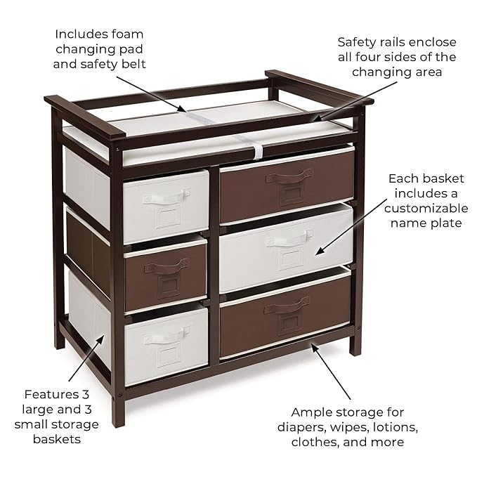 Badger Basket Modern Baby Changing Table with 6 Storage Drawers and Pad, Diaper Change Station - Espresso-CubbioJoy