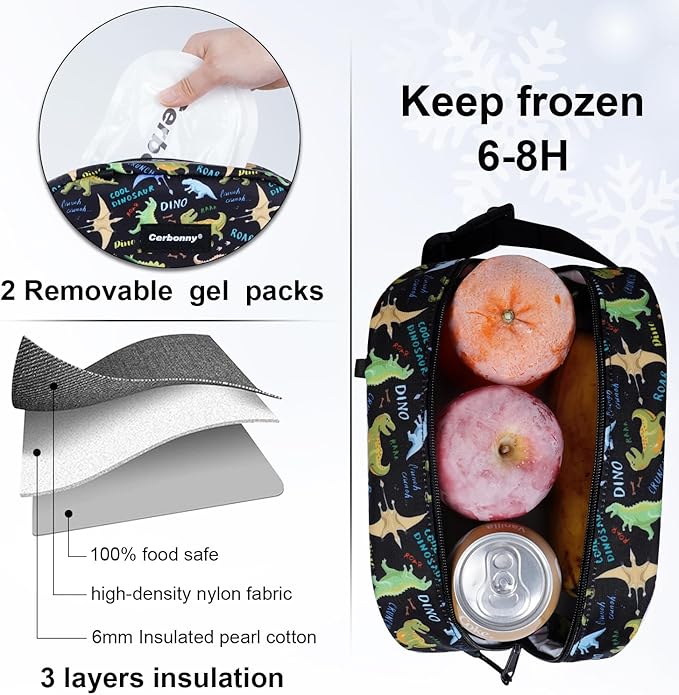 Cerbonny Freezable Cooler Bag for Work/School Travel - Mini Insulated Bag Fit For Yogurt, Suit for 3+(Black Dinosaur)-CubbioJoy