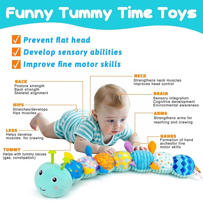 Baby Tummy Time Toys 0-6 Month Musical Stuffed Animal Plush Caterpillar Toy for Infant 6-12 Month Teething Sensory Toy with Crinkle Rattle for Babies 0-3-6 Month Newborn Boy Girl Birthday Gift 1-CubbioJoy