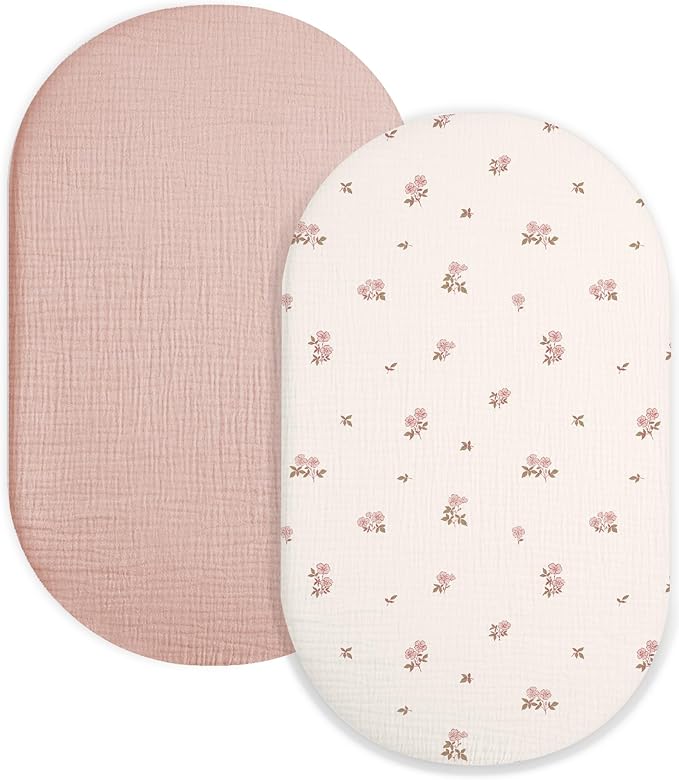Bassinet Sheet for Baby Boy and Girl 2 Pack, Fitted Sheets for Rectangle, Oval, Hourglass Bassinet Mattress, Muslin Moses Basket Sheets with Neutral Style (Vintage Blossom & Pink)-CubbioJoy