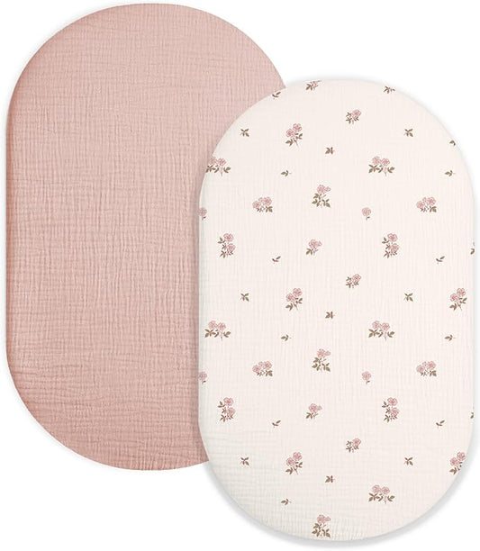 Bassinet Sheet for Baby Boy and Girl 2 Pack, Fitted Sheets for Rectangle, Oval, Hourglass Bassinet Mattress, Muslin Moses Basket Sheets with Neutral Style (Vintage Blossom & Pink)-CubbioJoy